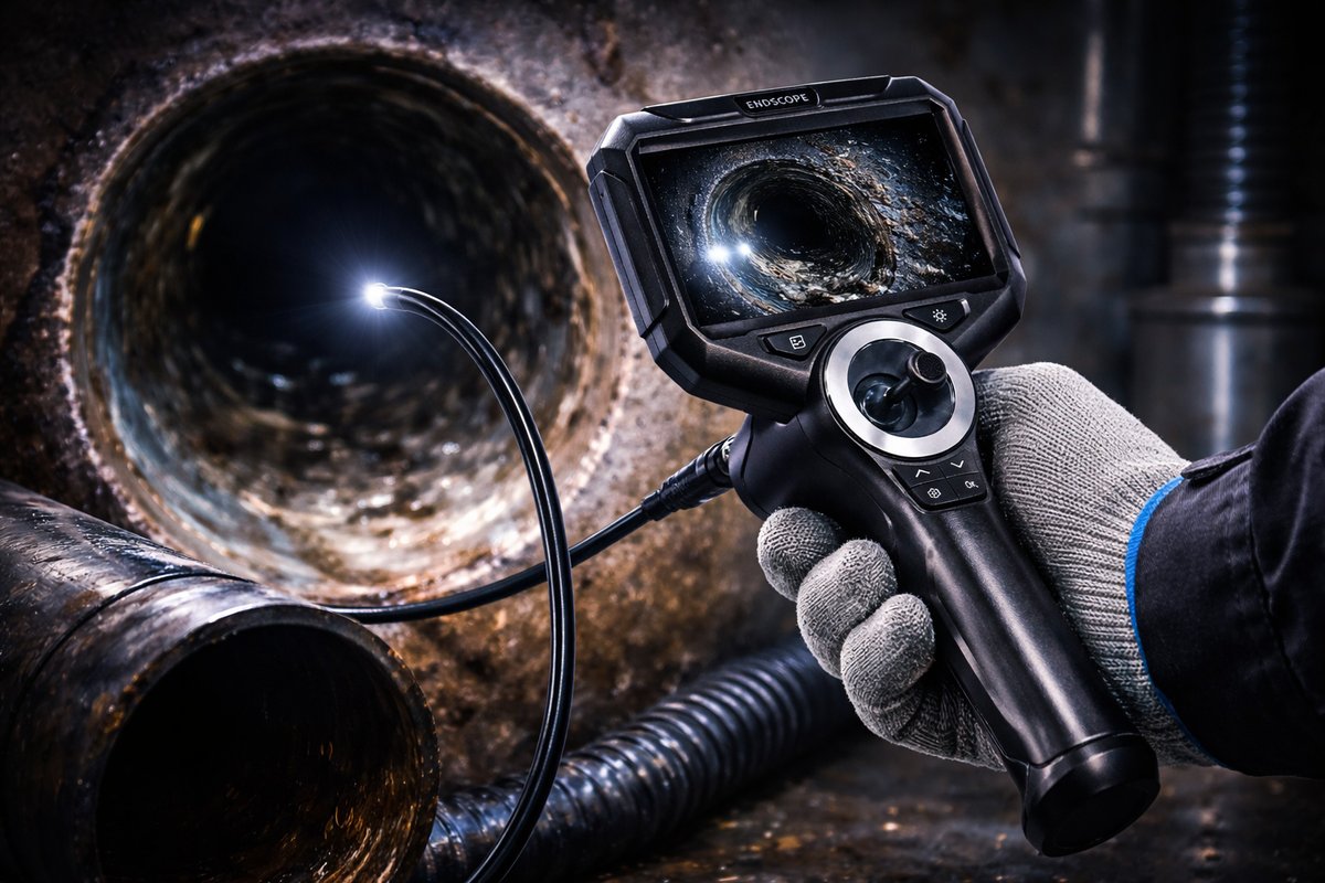 Tekniker inspiserer rør med borescope-kamera fra Elit